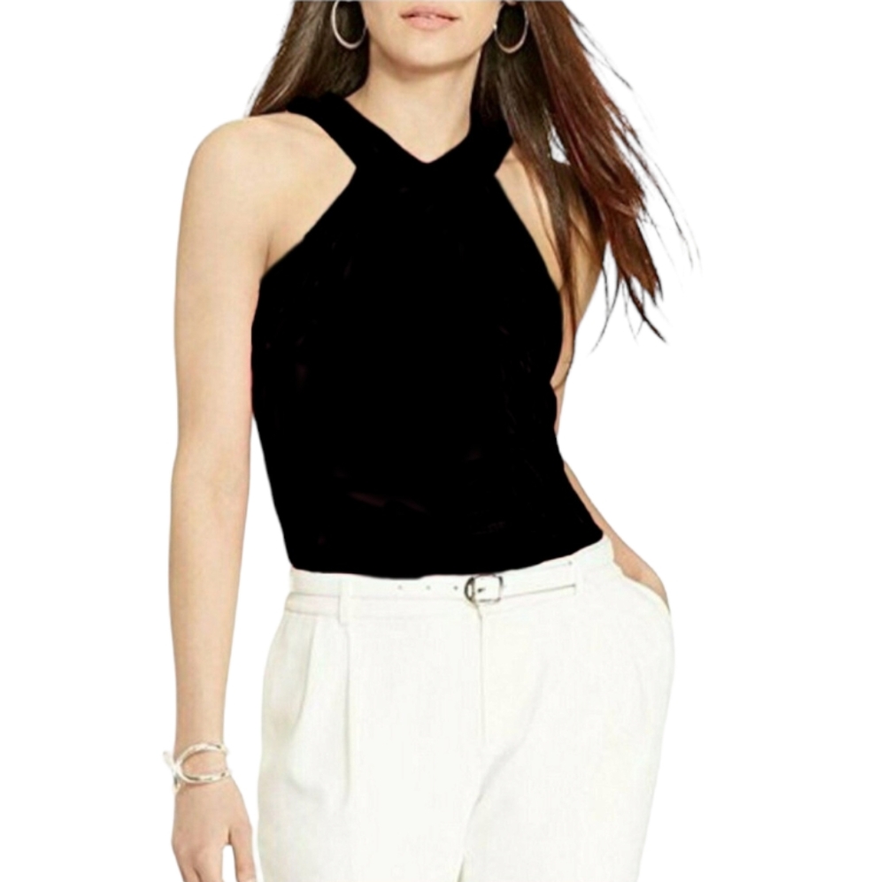 Lauren Ralph Lauren Cutaway V Neck Halter Tank Top Body-Con Black XS